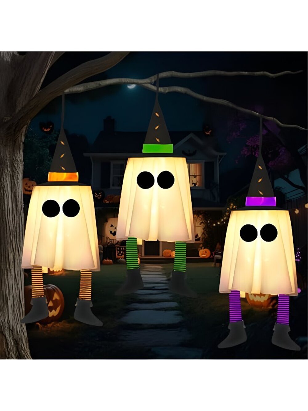 23.6'' 3PCS Halloween Hanging Ghosts Decorations Outdoor, Witch Hats